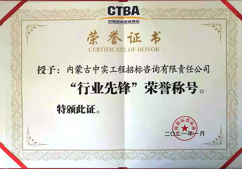 爱体育在线（中国）股份有限公司官网招标投标协会“行业先锋”荣誉证书